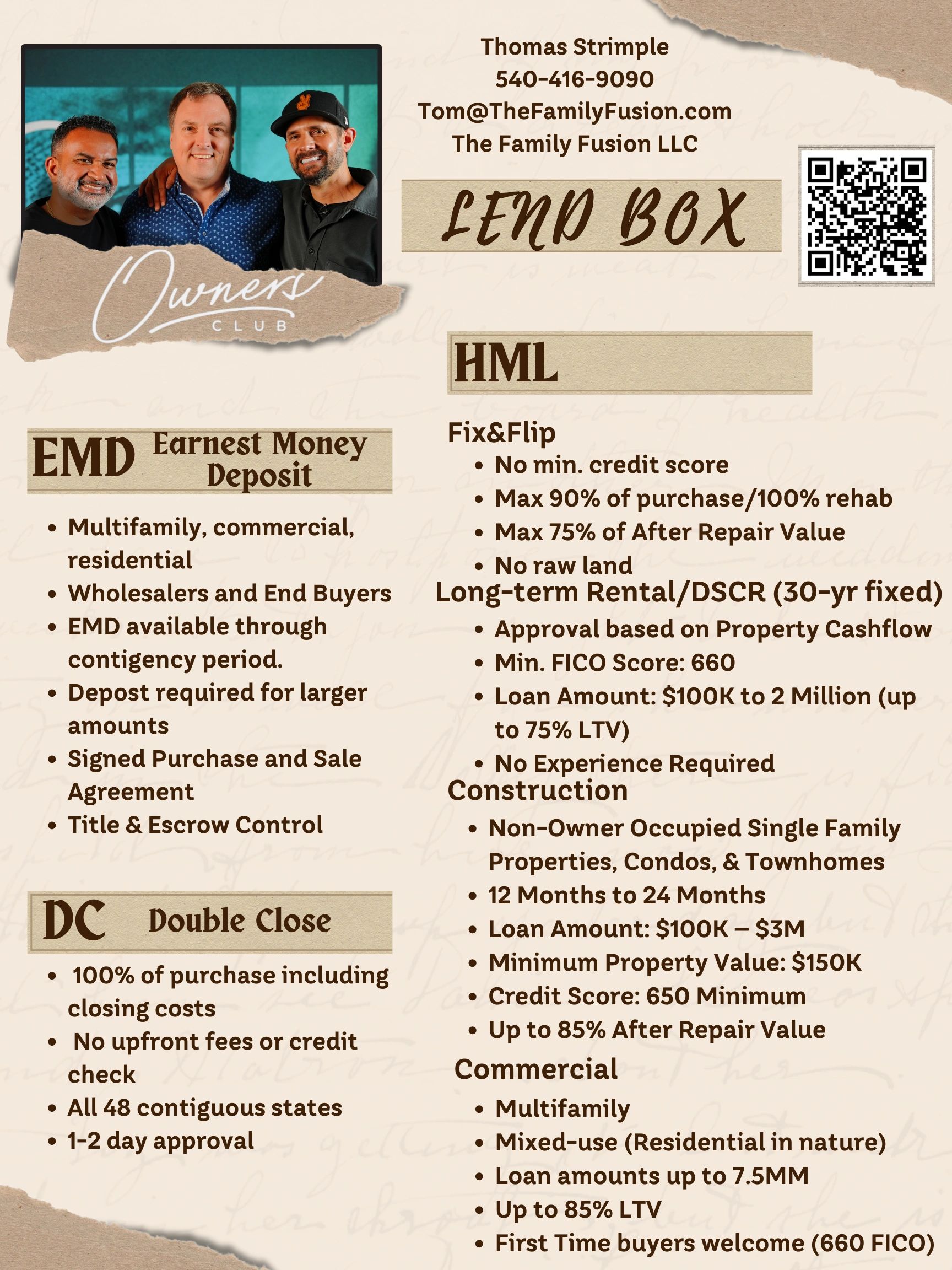 Lend Box loan options from The Family Fusion LLC with contact info and photo of owners.